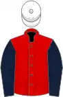 Red, dark blue sleeves, white cap