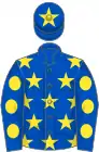 Royal blue, yellow stars, royal blue sleeves, yellow spots, royal blue cap, yellow star