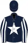 Dark blue, white star, striped sleeves