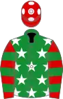 Green, white stars, red and green hooped sleeves, red cap, white spots