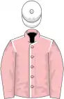 Pink, white seams, pink sleeves, white cap