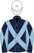 Dark blue, light blue cross sashes, diabolo on sleeves, white cap