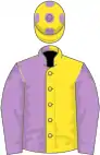 Yellow and mauve halved, mauve sleeves, Yellow cap, mauve spots