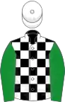 Black and white check, green sleeves, white cap