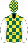 Dark green and yellow check, white sleeves, dark green and yellow check cap