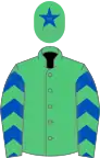 Emerald green, royal blue chevrons on sleeves, emerald green cap, royal blue star