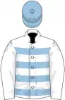 White, light blue hoops on body, light blue cap