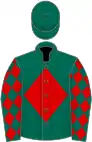 Dark green, red diamond, red sleeves, dark green diamonds, dark green cap, red diamond