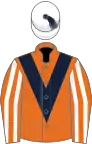 Orange, dark blue chevron, orange and white striped sleeves,white cap, dark blue tassel