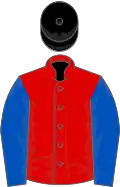 Red, royal blue sleeves, black cap