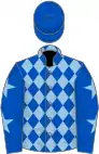 Royal blue and light blue diamonds, royal blue sleeves, light blue stars, royal blue cap