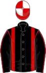 Black, red braces and seams on sleeves, red and white quartered cap