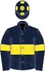 Dark blue, yellow hoop, armlets and spots on cap