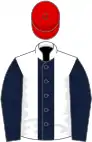 White, dark blue stripe and sleeves, red cap