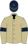 Beige, dark blue armlets, dark blue cap