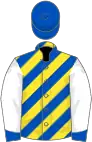 Yellow and royal blue diagonal stripes, white sleeves, royal blue cuffs, royal blue cap