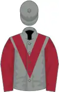 Grey, maroon chevron, maroon sleeves, grey cap