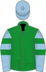 green, light blue sleeves, green hoops, light blue cap