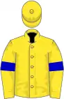Yellow, soft blue belt, yellow sleeves, soft blue armlets, soft blue cap