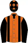 Orange, black braces and sleeves, black cap, orange spots