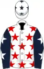 White, red stars, dark blue sleeves, white stars, white cap, dark blue stars