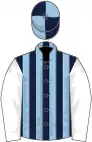 Dark blue and light blue stripes, white sleeves, dark blue and light blue quartered cap