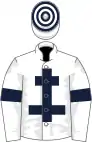 White, dark blue cross of lorraine and armlets, hooped cap