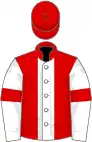 Red, white stripe, white sleeves, red armlets, red cap