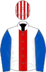 White, red stripe, royal blue sleeves, red and white striped cap