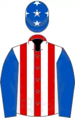 Racing silks with blue sleeves and a red-and-white-striped torso,  a blue cap with stars