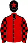 Red, black seams, black and red check sleeves, black cap, red star
