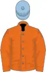 Orange, orange sleeves, light blue cap