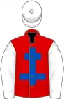 Red, royal blue cross of lorraine, white sleeves and cap