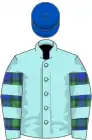 Pale blue, campbell tartan hooped sleeves, royal blue  cap
