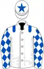 White, royal blue epaulets, diamonds on sleeves, white cap, royal blue star