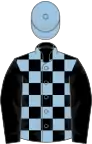 Black and light blue check, black sleeves, light blue cap