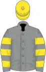 Grey, yellow hooped sleeves, yellow cap