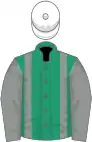 Emerald green, grey braces and sleeves, white cap