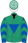 Green, royal blue inverted triangle, royal blue and green chevrons on sleeves, white and green hooped cap