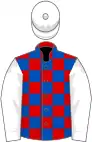 Red and royal blue check, white sleeves and cap