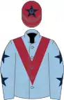 LIGHT BLUE, maroon chevron, light blue sleeves, dark blue stars, maroon cap, dark blue star
