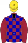 Maroon and blue check, maroon sleeves, yellow cap