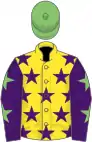 Yellow, purple stars, purple sleeves, light green stars, light green cap