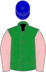 Green, pink sleeves, blue cap