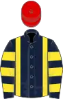 Dark blue, yellow braces, hooped sleeves, red cap