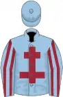 Light blue, maroon cross of lorraine, striped sleeves