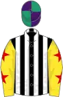 Black and white stripes, yellow sleeves, red stars, purple and emerald green quartered cap