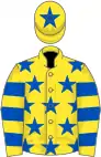 Yellow, royal blue stars, hooped sleeves, yellow cap, royal blue star
