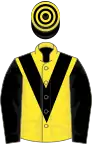 Yellow, black chevron and sleeves, black and yellow hooped cap