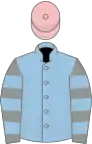 Light blue,  grey hooped sleeves, pink cap